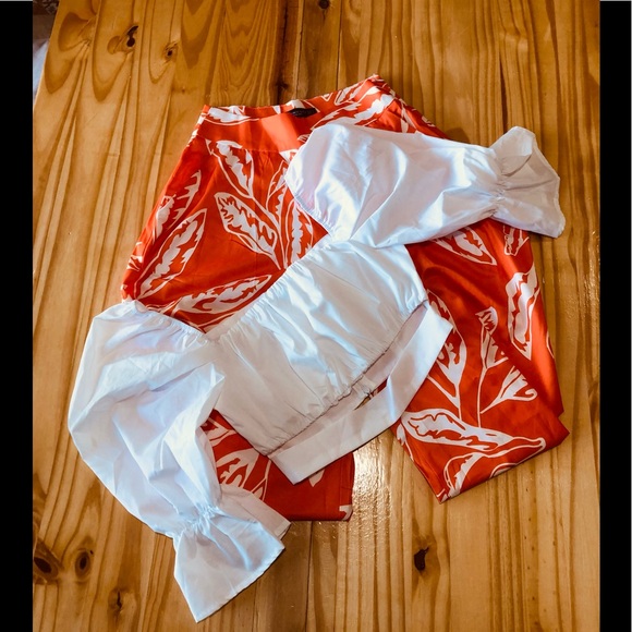 Orange Floral Woman High Waist Asymmetric Hem Pants Boho With White Blouse Sz S - Picture 1 of 13